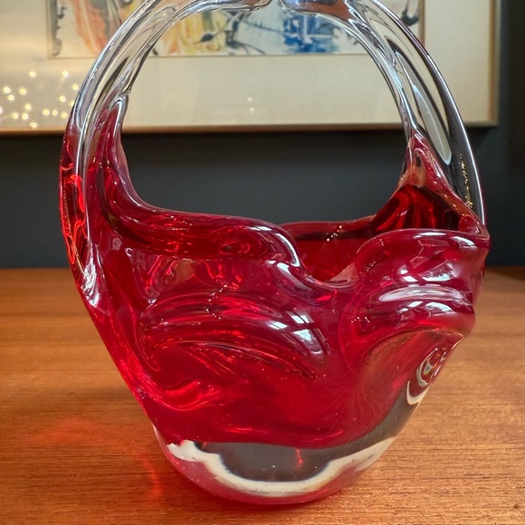 Murano Art Glass Hand Blown Sommerso Basket Joined Handles Submerged Ruby Red - Picture 5 of 7